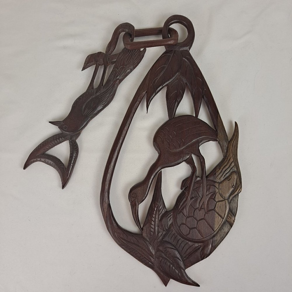 Wooden Handcarved Bird & Turtle Chain Artist Signed Carved From 1 Piece of Wood